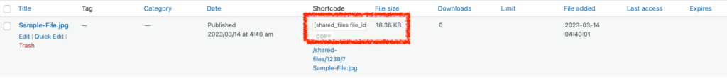 Copier Coller le Shortcode avec Shared Files Pro Plugin